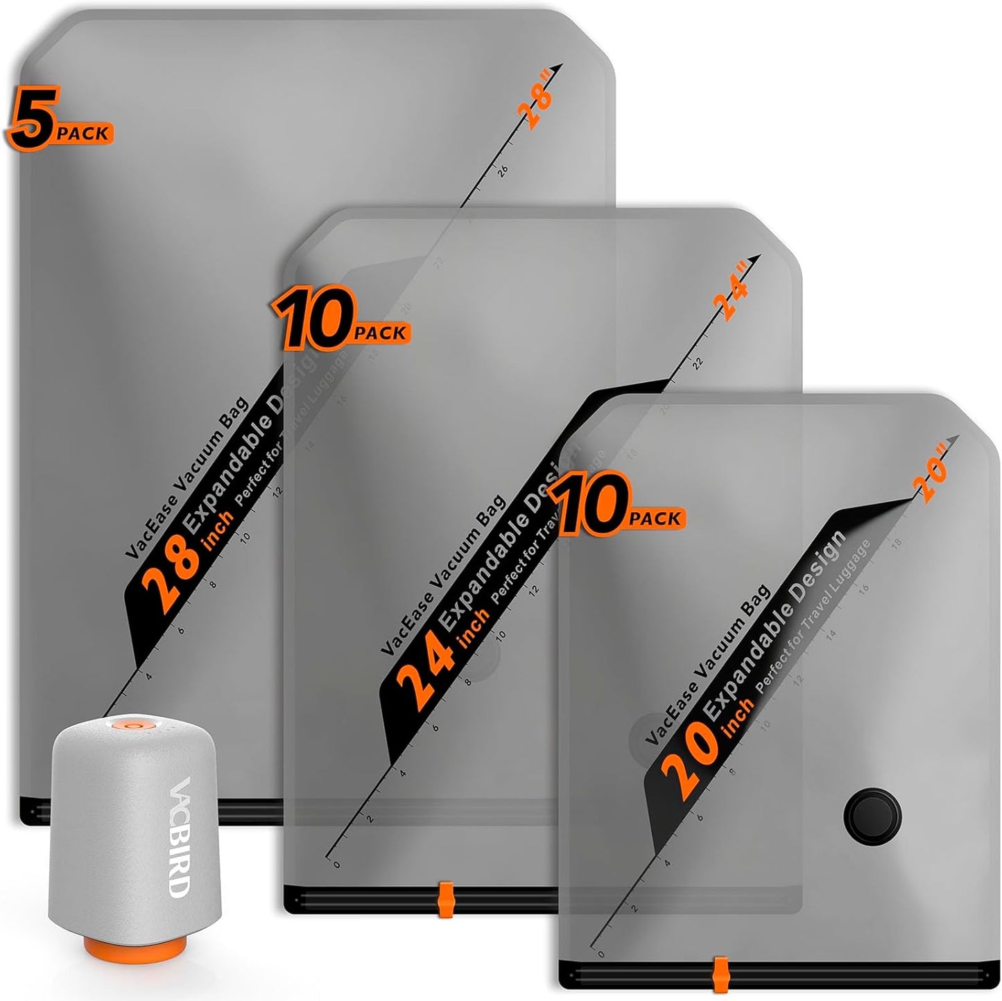 Vacbird Rechargeable Wireless Pump Travel Storage Bags Set - 25 Pack Portable Space Saver Bags for Travel & Home - Vacuum Compression Packing Seal for Clothes, Blankets, Seasonal Storage