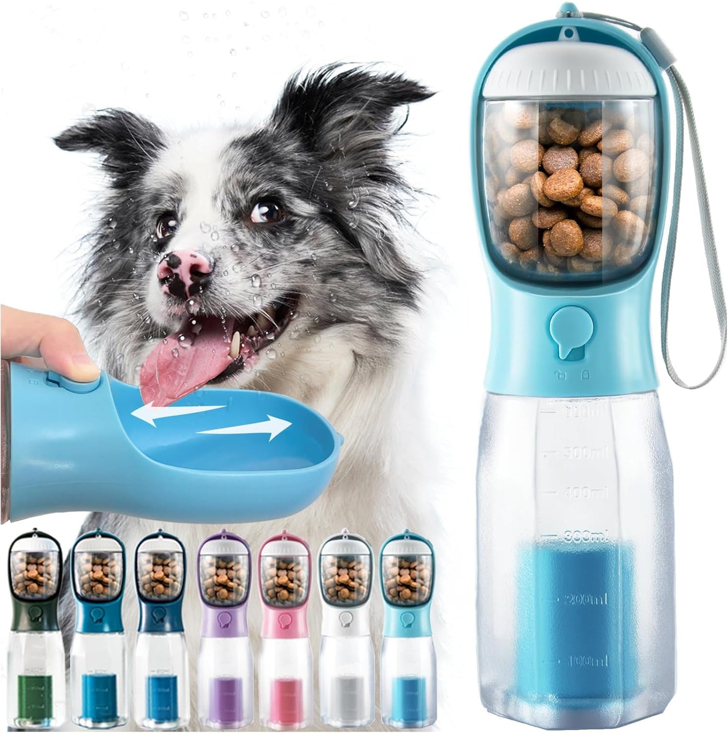 Portable Water Bottle for Dogs, 3 in 1 Pet Travel Bowl Dispenser with Food Treat Container & Poop Bag Holder,
