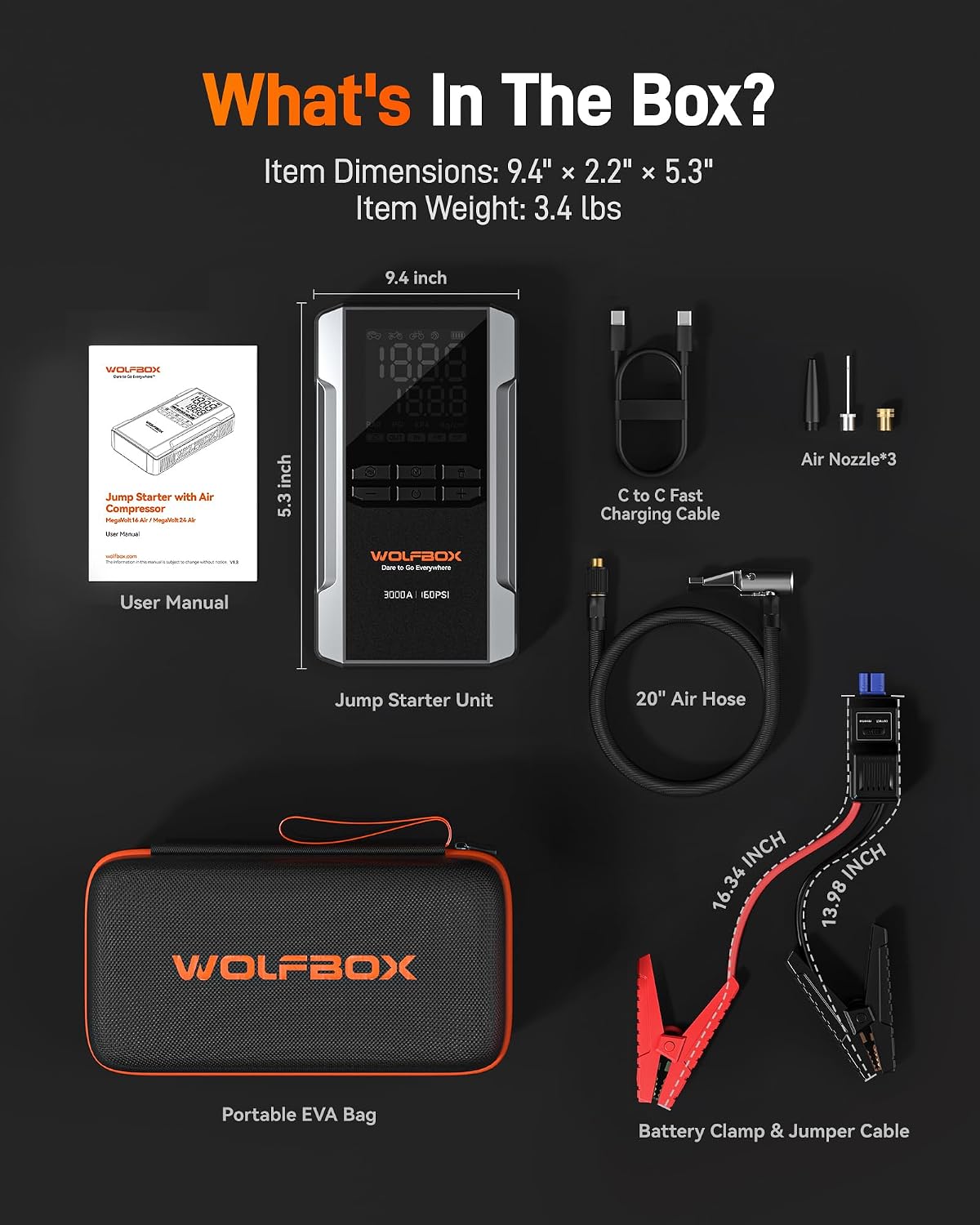 WOLFBOX 3000A Jump Starter Booster Pack with 160 PSI Air Compressor