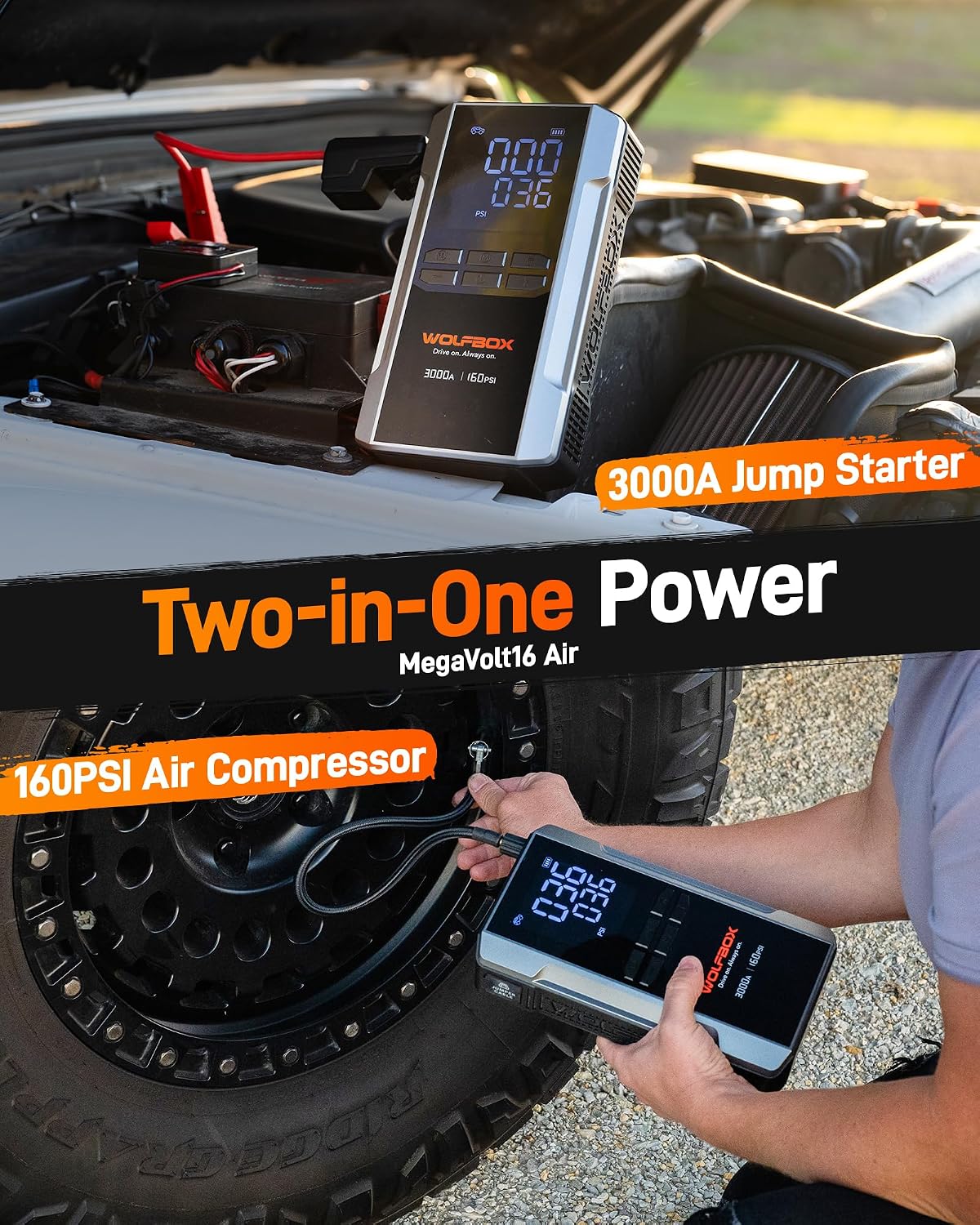 WOLFBOX 3000A Jump Starter Booster Pack with 160 PSI Air Compressor