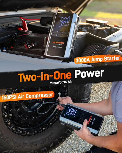 WOLFBOX 3000A Jump Starter Booster Pack with 160 PSI Air Compressor